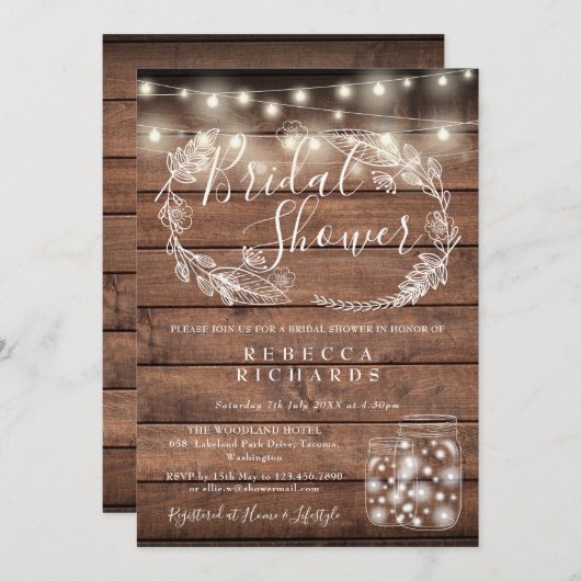 Rustikales Holz String Lights Mason Jars Brautpart Einladung (Vorne/Hinten)