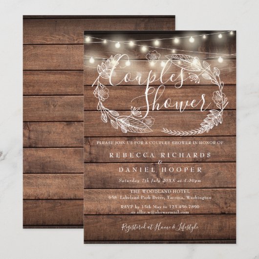 Rustikales Holz String Lights Paare Dusche Einladung (Vorne/Hinten)