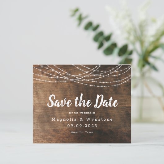 Rustikales Holz String Lights Pinselschrift Weddin (Stehend Vorderseite)