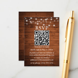 Rustikales Holz String Lights QR Wedding RSVP Begleitkarte