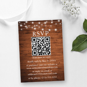 Rustikales Holz String Lights QR Wedding RSVP Begleitkarte