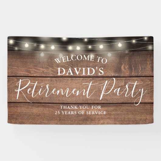 Rustikales Holz String Lights Retirement Party Banner (Horizontal)