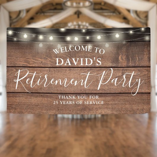 Rustikales Holz String Lights Retirement Party Banner