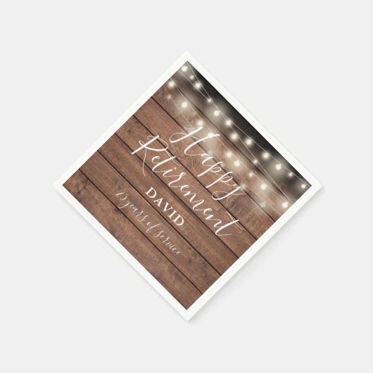 Rustikales Holz String Lights Retirement Party Serviette (Ecke)