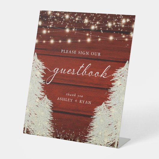 Rustikales Holz | String Lights | Trees Guestbook  Sockelschild (Vorderseite)