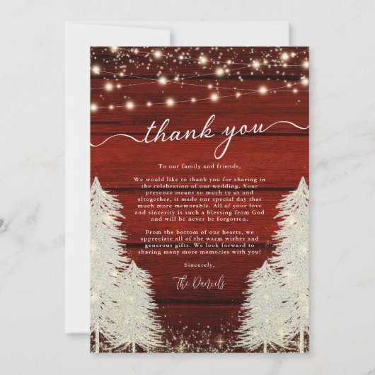 Rustikales Holz | String Lights | Trees Wedding Fo Dankeskarte (Vorderseite)