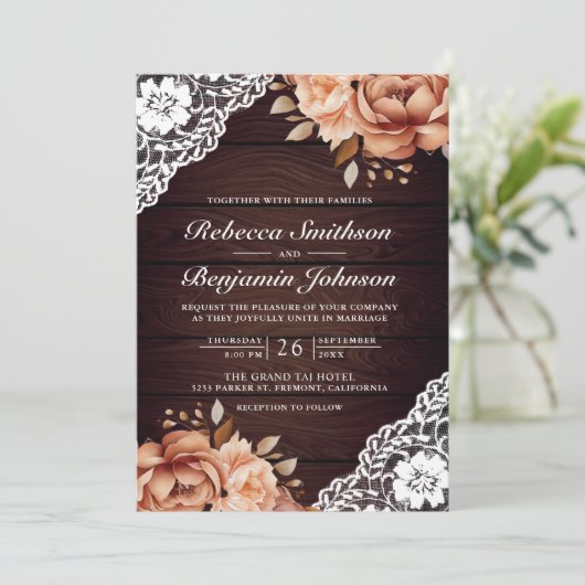 Rustikales Holz Terracotta Blumenstrauß QR Code Ho Einladung (Stehend Vorderseite)