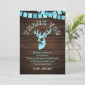 Rustikales Holz Thema Blue Deer Baby Boy Dusche Dankeskarte (Stehend Vorderseite)