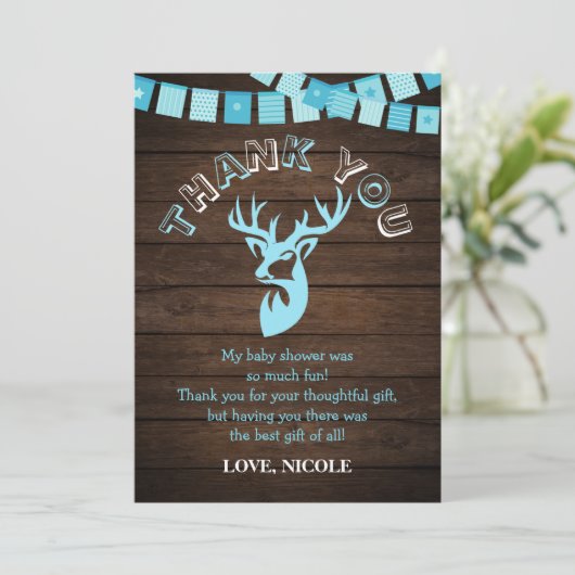 Rustikales Holz Thema Blue Deer Baby Boy Dusche Dankeskarte (Stehend Vorderseite)
