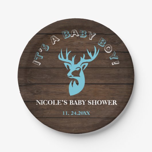 Rustikales Holz Thema Blue Deer Baby Boy Dusche Pappteller (Vorderseite)