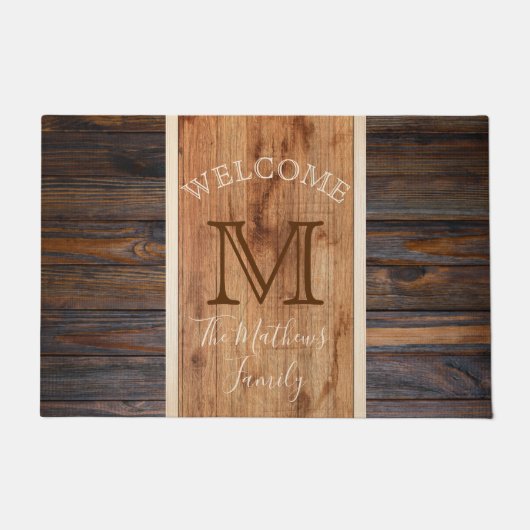 Rustikales Holz-Ton-Monogramm-Streifendesign Fußmatte (Vorderseite)