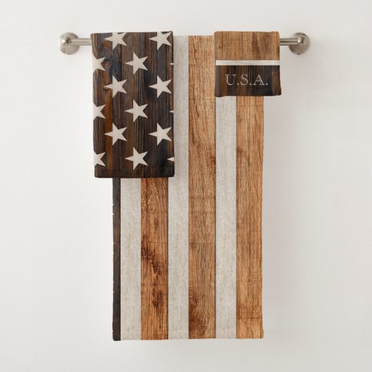 Rustikales Holz Tone American Flag Horizontal Badhandtuch Set (Insitu)