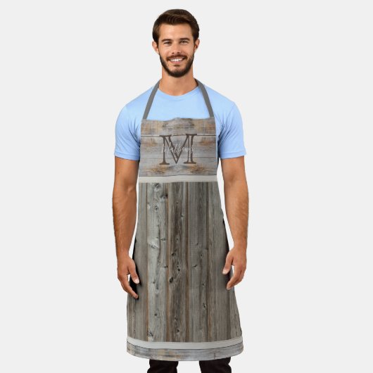 Rustikales Holz Tone Grau Classic Monogramm Schürz Schürze (Getragen)