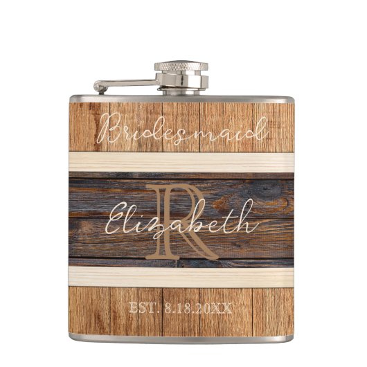 Rustikales Holz Tone Hochzeit Bridesmaid Flachmann (Vorderseite)