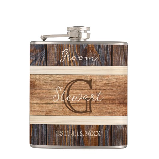 Rustikales Holz-Tone-Hochzeitsgarten Flachmann (Vorderseite)