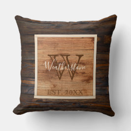 Rustikales Holz Tone Monogram Square Design Kissen
