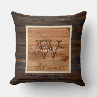 Rustikales Holz Tone Monogram Square Design Kissen