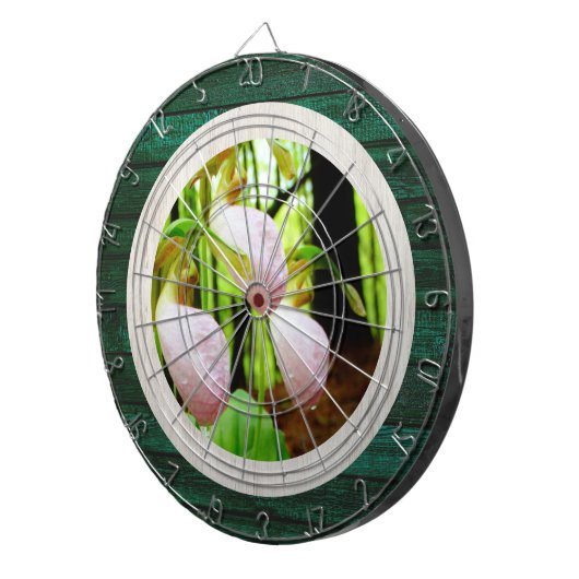 Rustikales Holz Tone Pink Lady Slipper Wild Orchid Dartscheibe (Vorderseite rechts)