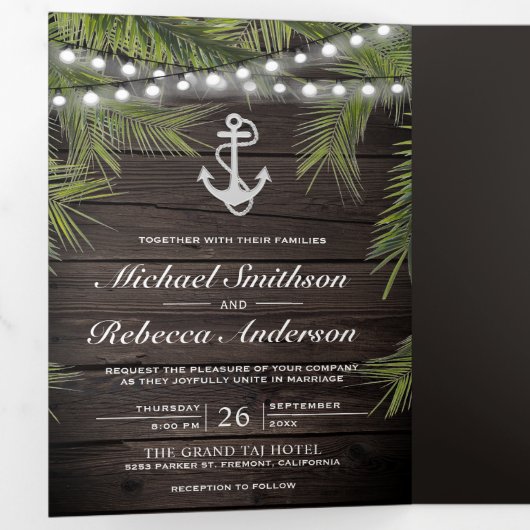 Rustikales Holz Tropenpalme Blätter Hochzeit Ancho Dreifach Gefaltete Einladung (Innen Erste Seite)