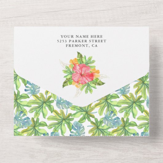 Rustikales Holz Tropical Niedlich Flamingo Kinderd All In One Einladung (Rückseite)