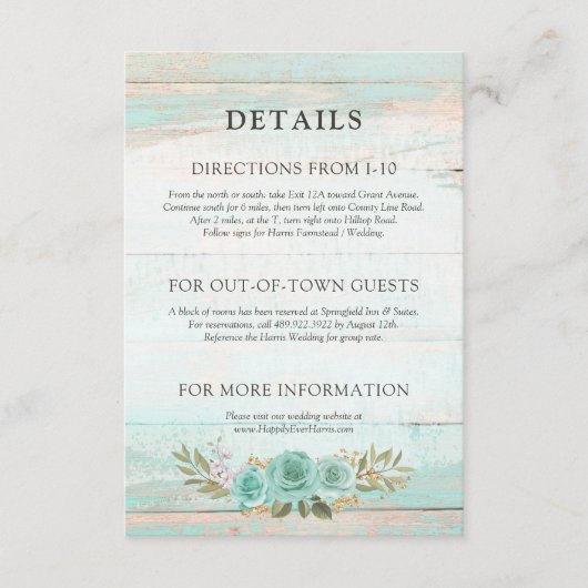 Rustikales Holz Türkis Blumendetails / Richtungen Begleitkarte (Vorderseite)