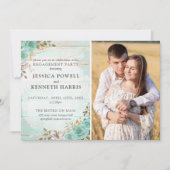 Rustikales Holz Türkis Rose Engagement Partei Foto Einladung (Vorderseite)
