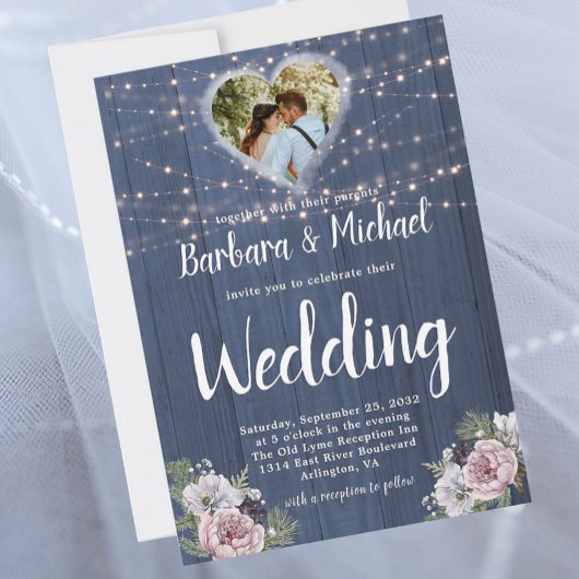 Rustikales Holz Twinkle Lights Foto Blumenzehen Einladung