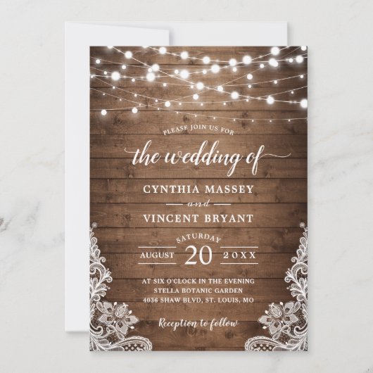 Rustikales Holz Twinkle String Lights Hochzeit Einladung (Vorderseite)