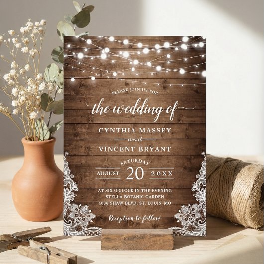 Rustikales Holz Twinkle String Lights Hochzeit Einladung