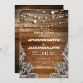 Rustikales Holz Twinkle String Lights Wedding Inv Ankündigung (Vorne/Hinten)