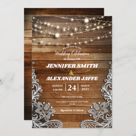 Rustikales Holz Twinkle String Lights Wedding Inv Ankündigung (Vorne/Hinten)