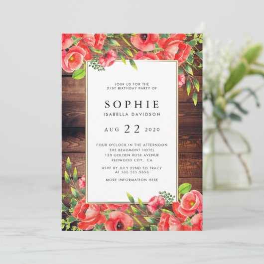 Rustikales Holz-u. rote Einladung (Stehend Vorderseite)