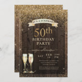 Rustikales Holz Überraschung 50. Gold Glitzer Gebu Einladung (Vorne/Hinten)