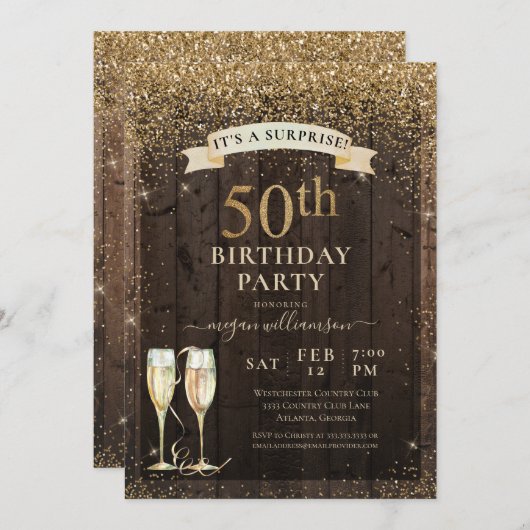 Rustikales Holz Überraschung 50. Gold Glitzer Gebu Einladung (Vorne/Hinten)
