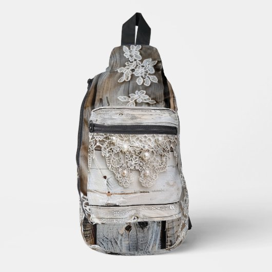 Rustikales Holz und antike Spitze Crossbody Bag (Vorderseite)
