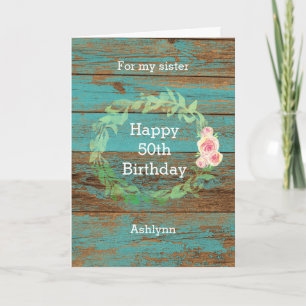 Rustikales Holz und Aquarellblume 50. Geburtstag Karte
