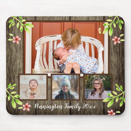 Rustikales Holz und Aquarellblumen 4 Foto Mousepad (Vorne)