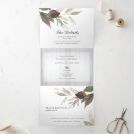 Rustikales Holz und Blätter in einer Hochzeit lade Dreifach Gefaltete Einladung