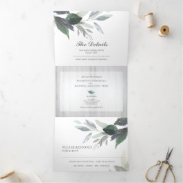 Rustikales Holz und Blätter in einer Hochzeit lade Dreifach Gefaltete Einladung