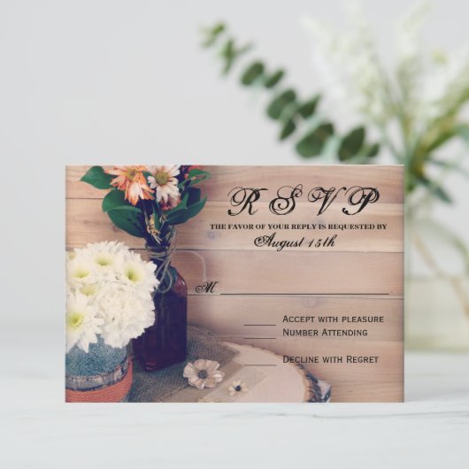 Rustikales Holz und Blume Hochzeiten von RSVP-Kart RSVP Karte (Stehend Vorderseite)