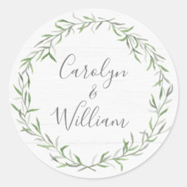 Rustikales Holz und botanische Blätter Hochzeitssa Runder Aufkleber