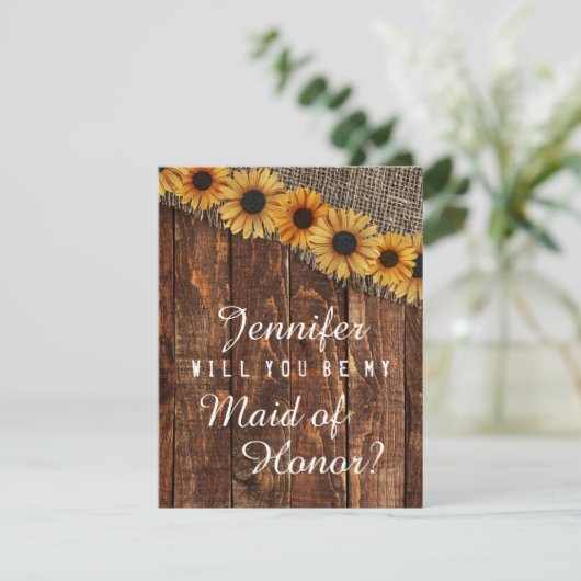 Rustikales Holz und Burlap werden meine Trauzeugin Einladung (Stehend Vorderseite)