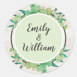 Rustikales Holz und Eukalyptus-Blätter botanische  Runder Aufkleber