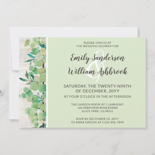 Rustikales Holz und Eukalyptus Botanischer Poltera Einladung (Vorderseite)