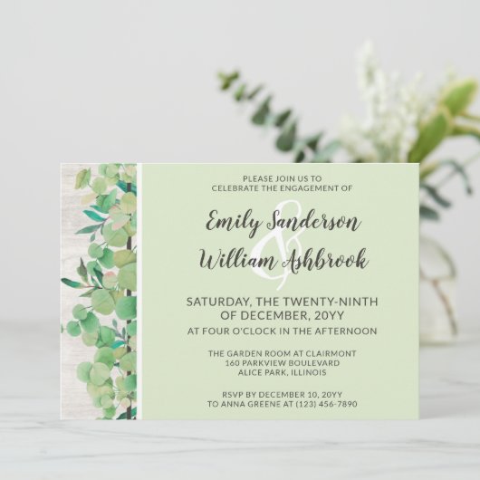 Rustikales Holz und Eukalyptus Leaf-Engagement Einladung (Stehend Vorderseite)