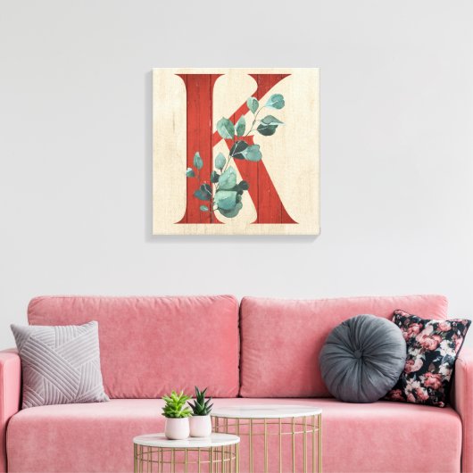 Rustikales Holz und Eukalyptus Letter K Canvas Pri Leinwanddruck (Insitu (Wohnzimmer))