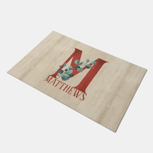 Rustikales Holz und Eukalyptus Letter M Personalis Fußmatte (Schrägansicht)