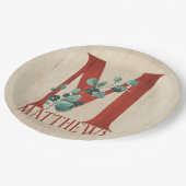 Rustikales Holz und Eukalyptus Letter M Personalis Pappteller (Schrägansicht)