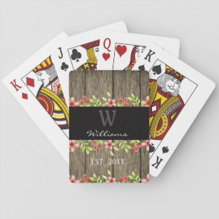 Rustikales Holz und floraler Familienname Monogram Spielkarten