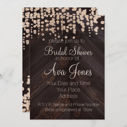 Rustikales Holz und Goldenes Glitte Brautparty Ein Einladung (Vorne/Hinten)